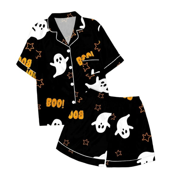 Fshinging Girls Pajamas Two Piece Set Pumpkin Scary Horror Ghost Print Short Sleeve Button Shirts And Shorts Graphic Kids Pj Set Loungewear