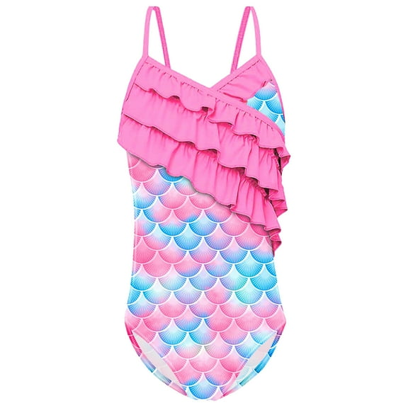 Fshinging Girls Summer Fish Scale Print Sling One Piece Swimsuit Kids Bathing Suit Swimwear Size 5-6 Years
