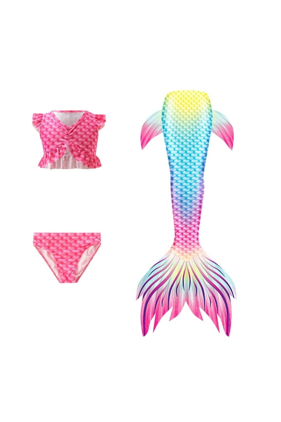 Girls Swimsuit Gradient Tie-Dye Ruffle Halter Bikini Tops + Briefs + Fish Tails Princess 3 Piece Set Tankini Sets Size 10-11 Years