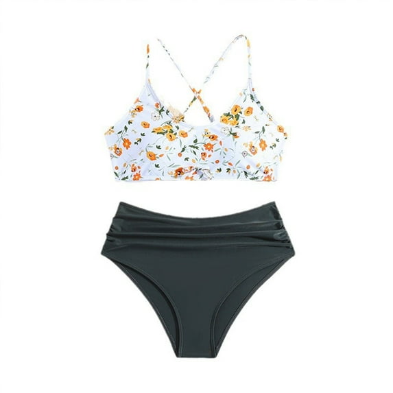 Fshinging Girls Swimwear 2 Piece Set Floral Print Cross Backless Bikini Tops With Solid High Waist Briefs Kids Tankini Sets