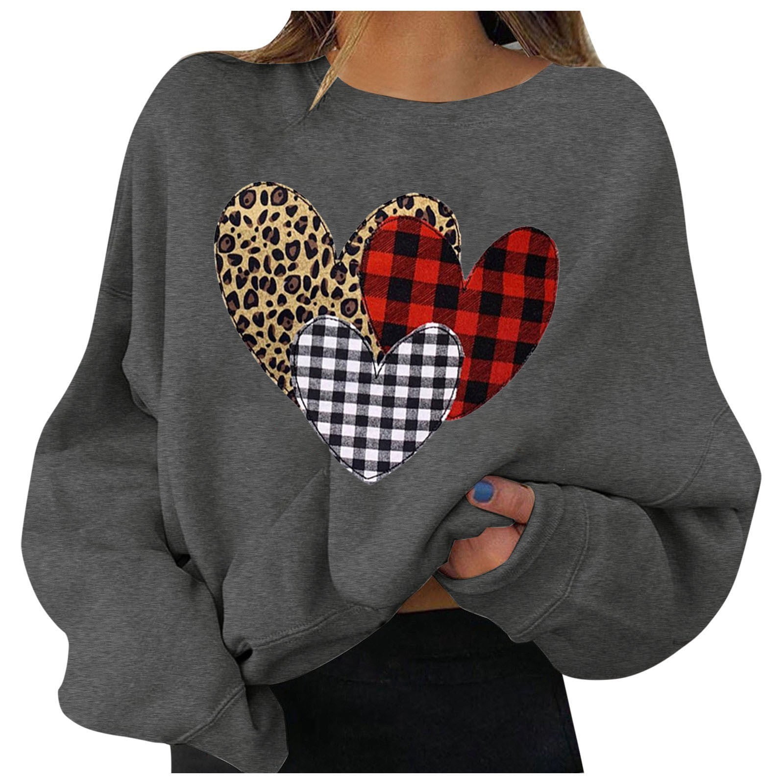 Fshinging Graphic Tees Women Tops Heart Print Long Sleeve Crew Neck ...