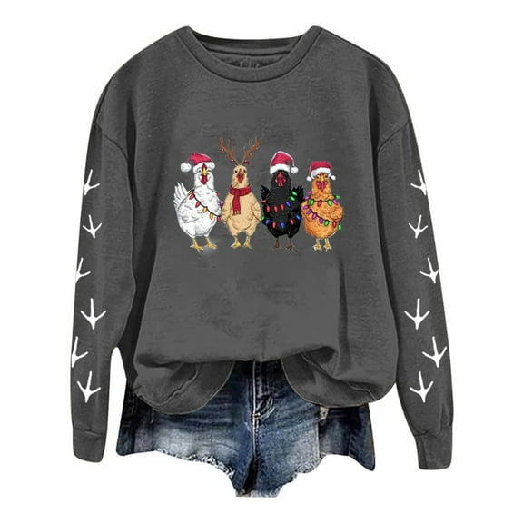 Fshinging Hoodie Sweatshirt For Women Christmas Chicken Printed Long Sleeve Crewneck Slim Fall Winter Clothes