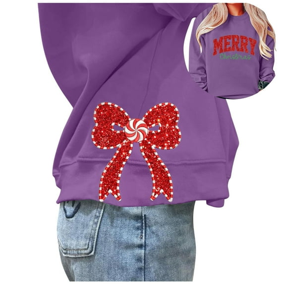 Fshinging Hoodie Sweatshirt For Women Christmas Side Bow Applique Long Sleeve Crewneck Xmas Fashion Clothes