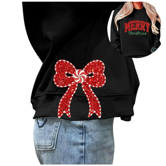 Fshinging Hoodie Sweatshirt For Women Christmas Side Bow Applique Long Sleeve Crewneck Xmas Pullover Sweaters