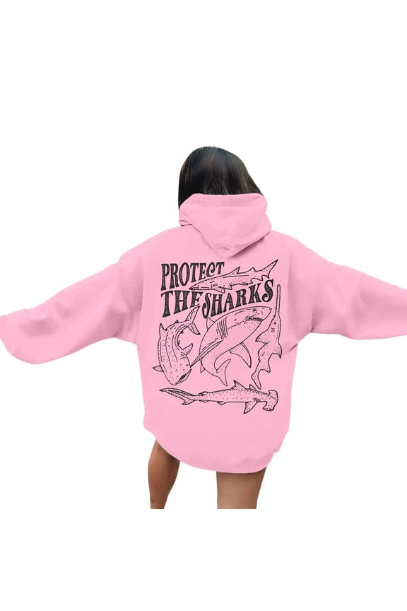 Hoodie Sweatshirt For Women Letter Shark Print Long Sleeve Drawstring With Pockets Solid Color Fashion Clothes