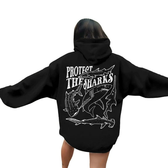 Fshinging Hoodie Sweatshirt For Women Letter Shark Print Long Sleeve Drawstring With Pockets Solid Color Fashion Outfits