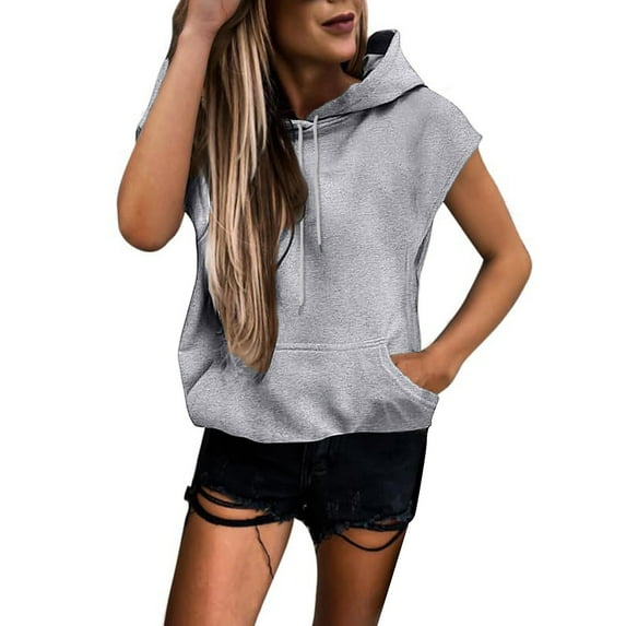 Fshinging Hoodie Sweatshirt For Women Solid Color Sleeveless Hooded Drawstring With Pockets Workout Casual Clothes