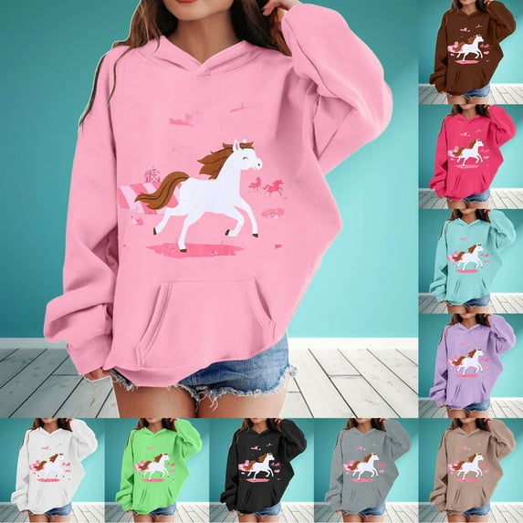 Fshinging Hoodie Sweatshirts for Boys Girls Hoodies & Sweatshirts Winter Warm Cartoon Horse Print Long Sleeve Pullover With Pocket Kids Fall Outfits