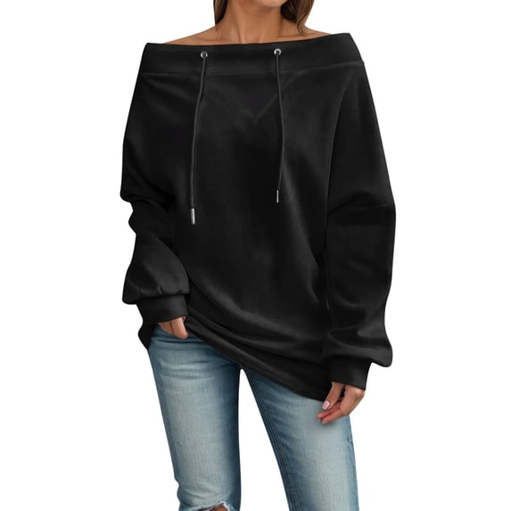 Fshinging Hoodie Sweatshirts for Women Off Shoulder Drawstring Loose Fit Solid Color Casual Fall Clothes