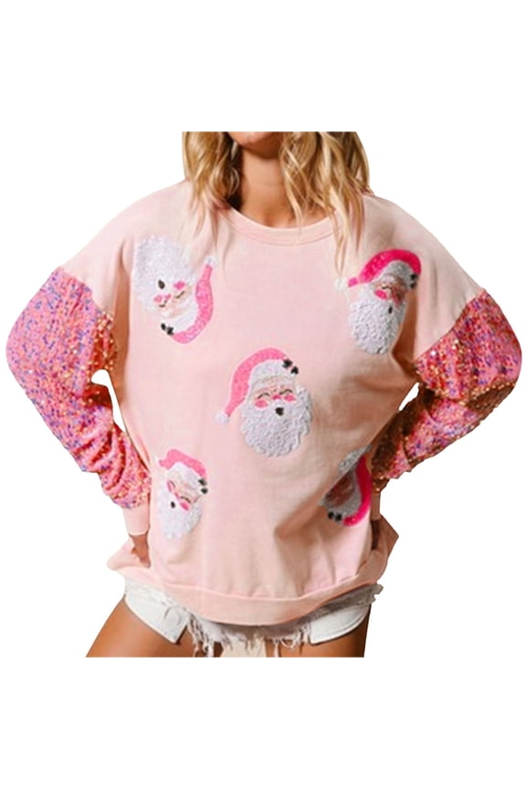 Hoodies Sweatshirt For Women Christmas Sequin Santa Claus Print Patchwork Long Sleeve Ugly Sweater Ladies Outfits