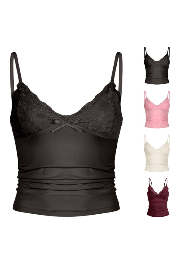 Lace Bow V Neck Camisole Tops For Women Ruched Waist Tops Elegant Going Out Sleeveless Blouse Red M