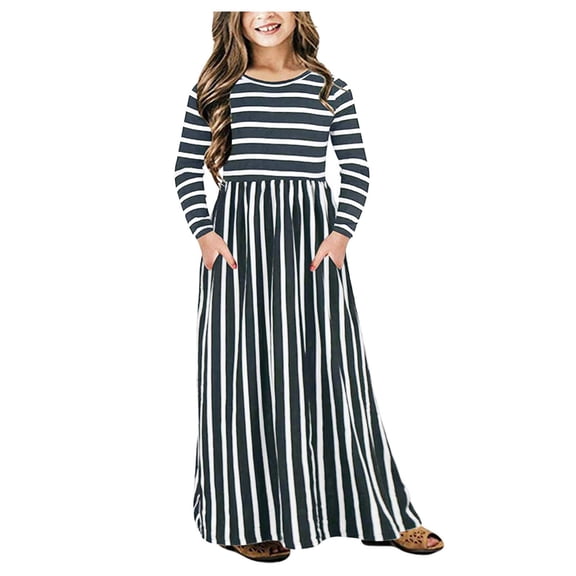 Fshinging Little Girl Dresses Long Sleeve Striped Printed Princess Preschool With Pockets Party Maxi Size 2-12 Years Old