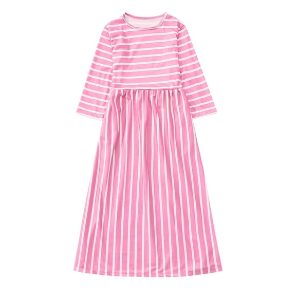 Fshinging Little Girl Dresses Long Sleeve Striped Prints A-Line Maxi Vintage Casual Preschool Child Kids Dress