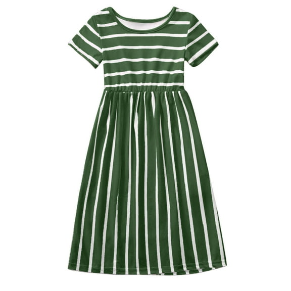 Fshinging Little Girl Dresses Summer Short Sleeve Vintage Striped Prints A-Line Ruched Princess Casual Size 2-12 Years Old