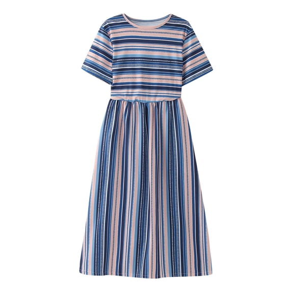 Fshinging Little Girl Dresses Vinatge Stripe Print Casual Summer Short Sleeve Princess Party Child Kids Dress