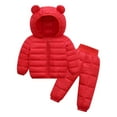 thumbnail image 1 of Fshinging Little Girls Boys Keep Warm Hooded Down Jackets Pants&nbsp;Solid Color Cute Bear Ears Pant 2 Piece Sets, 1 of 3