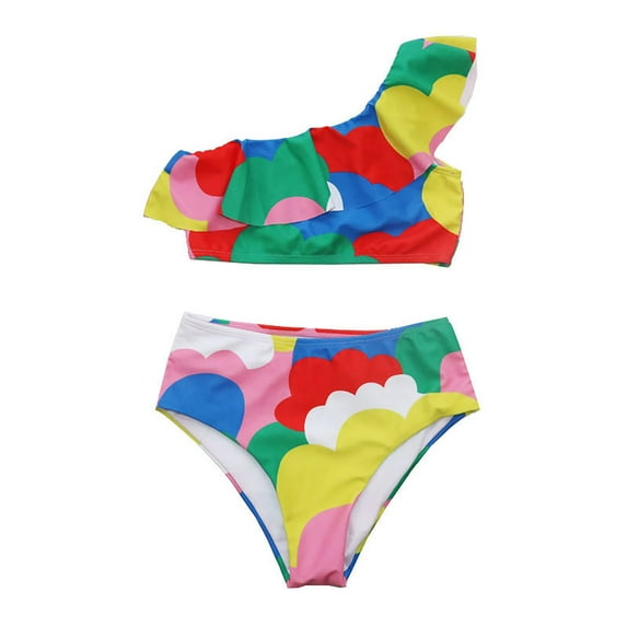 Fshinging Kids Swimsuits Colorful Cloud Print Summer One Shoulder Bikini Tops Shorts Swimming Pools Size 6-7 Years