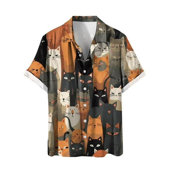 Fshinging Men'S Floral Shirts Cute Cartoon Cat Print Color Block Short Sleeve Button Plus Size Tropical Shirt