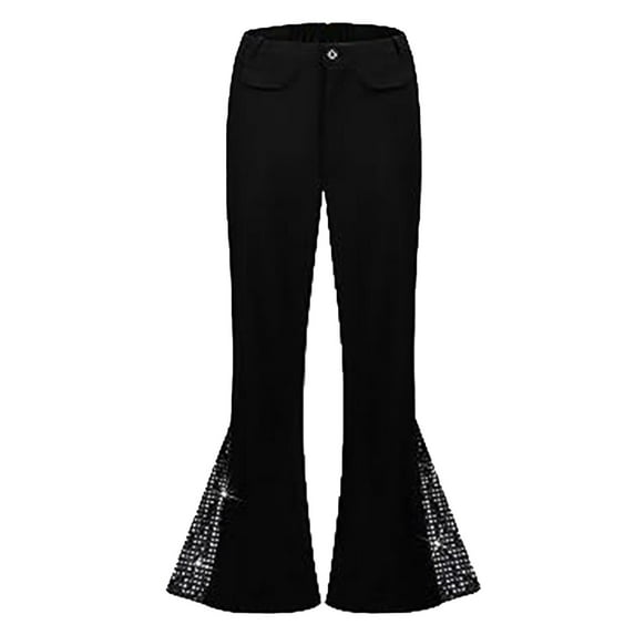 Fshinging Mens Vintage 70s Bell Bottom Pants Sequin Patchwork Plus Size Casual Disco Party Performance High Waist Flare Trousers