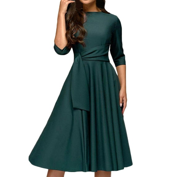 Fshinging Midi Dresses For Women Round Necked Mid Sleeve Belt Waist Retro Style Beach Dress