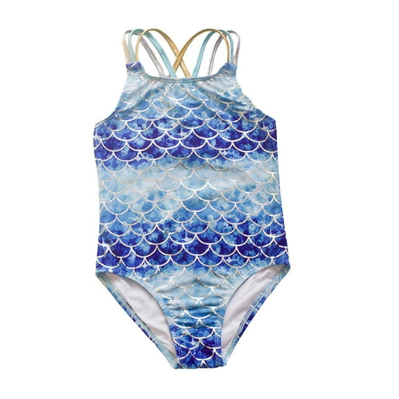 Fshinging New Blue Memaid One Piece Swimsuit For Girls Gold Foil Scale Design Kids Swimwear Size 9-10 Years
