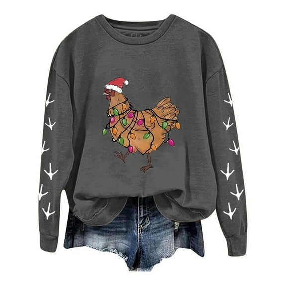 Fshinging Oversized Hoodie Womens Sweatshirts Christmas Chicken Printed Long Sleeve Crew Neck Slim Fashion Outfits