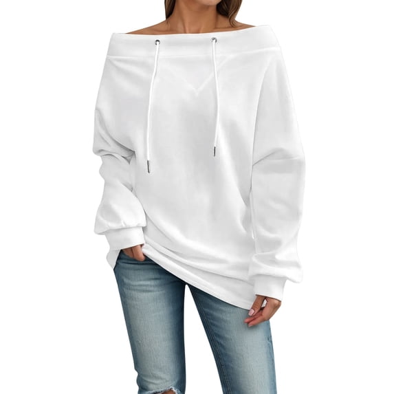 Fshinging Oversized Hoodie Womens Sweatshirts Off Shoulder Drawstring Loose Fit Solid Color Casual Pullover Sweaters