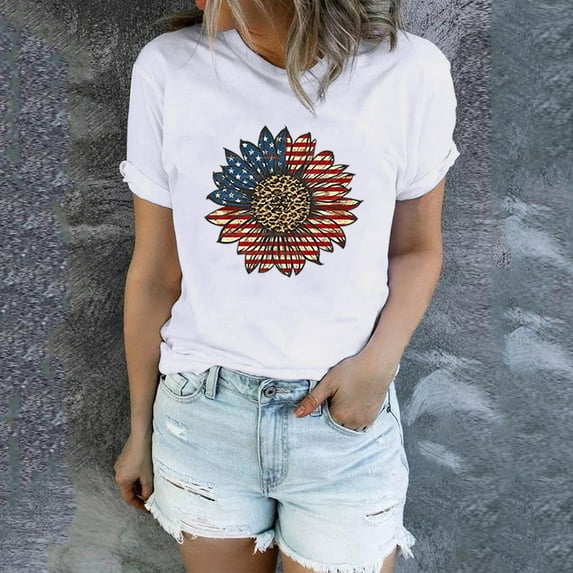 Fshinging Plus Size Tops For Women Independence Day Sunflower Print Short Sleeve O-Neck Casual Summer Vintage T-Shirts