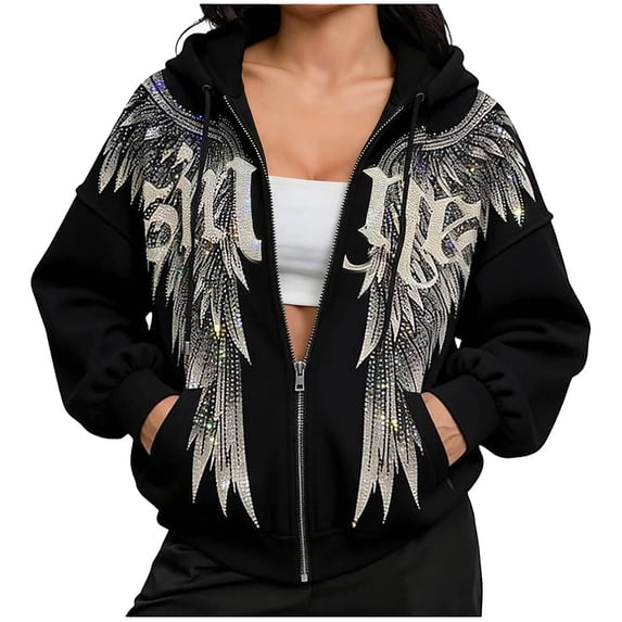 Fshinging Rhinestone Angel Wings Zip Up Hoodie Jacket for Women Gothic Retro Long Sleeve Sweatshirt Black L