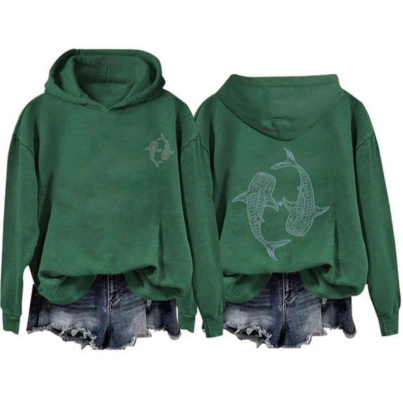 Fshinging Shark Aniaml Print Hoodie for Women Long Sleeve Oversize Long Sleeve Hooded Sweatshirt Fall Green L