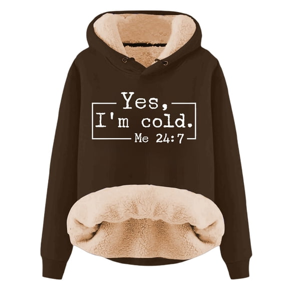 Fshinging Sherpa Lined Hoodie for Women Oversize Long Sleeve Letter Print Warm Thicken Sweatshirt Coffee S