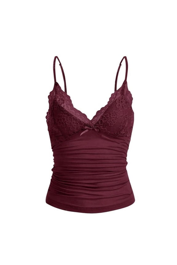 Solid Lace Trim Camisole Tops For Women Ruched Side Tops Slim Fit Casual Sleeveless Blouse Red L
