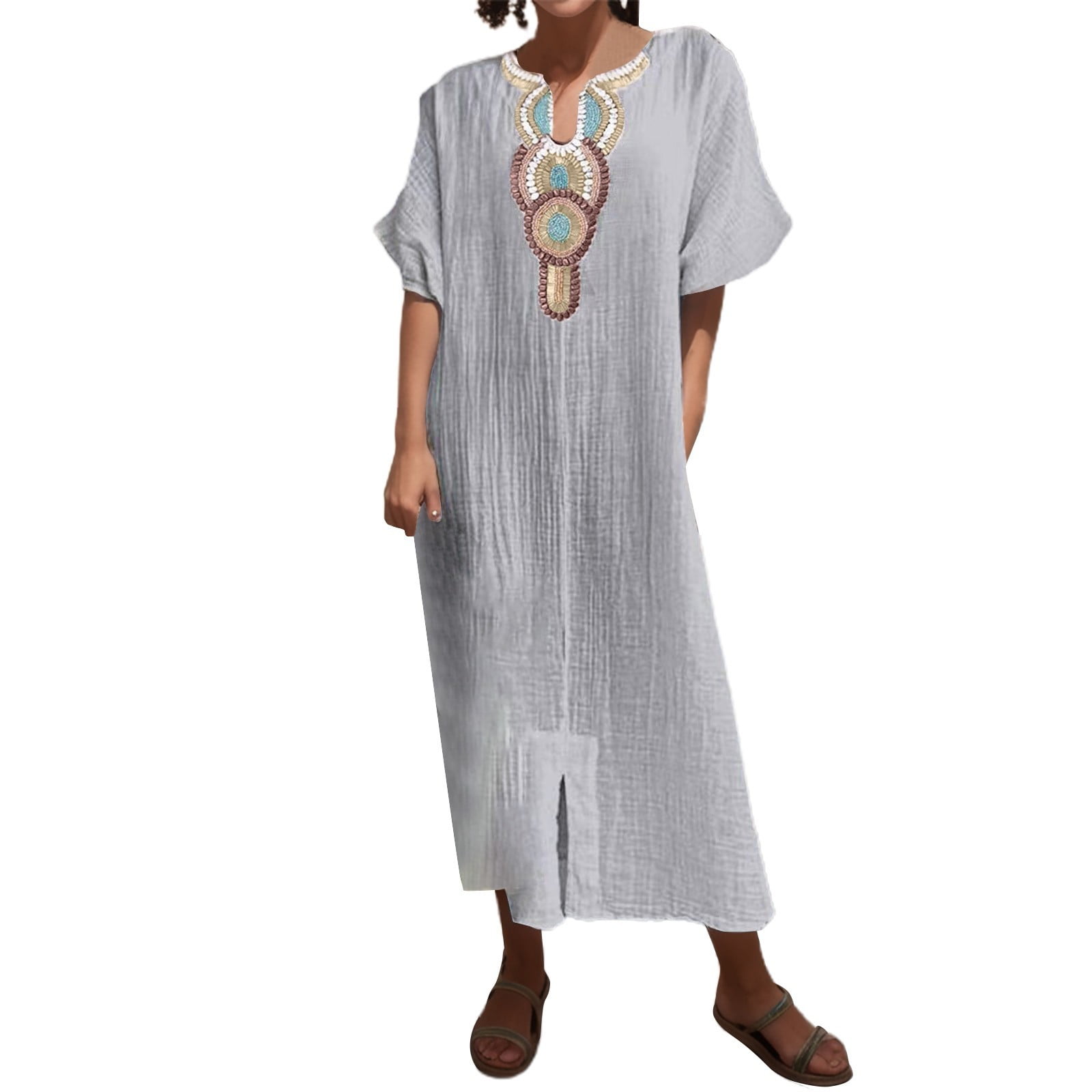 SGF11 Women's Floral Maxi Dress - Boho V-Neck, Short Sleeve, Side Slit, Rayon Viscose, Casual Summer Dress