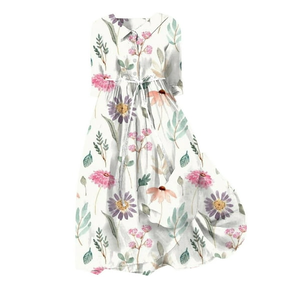 Fshinging Summer Dresses Korean Style Lace Up Waist Defined Shirt Midi Summer Half Sleeve Trendy A Line Sundress