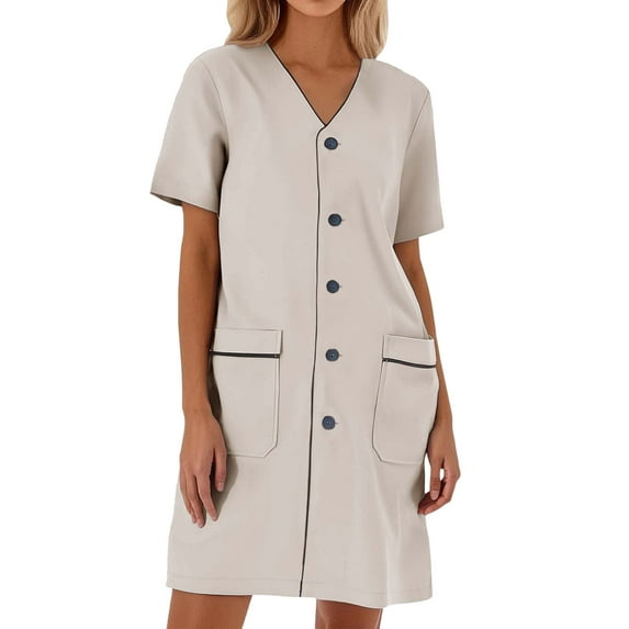 Fshinging Summer Dresses for Women Nurse Scrub Dress Solid Color Short Sleeve V Neck With Pockets Neck Workwear Long Dresses