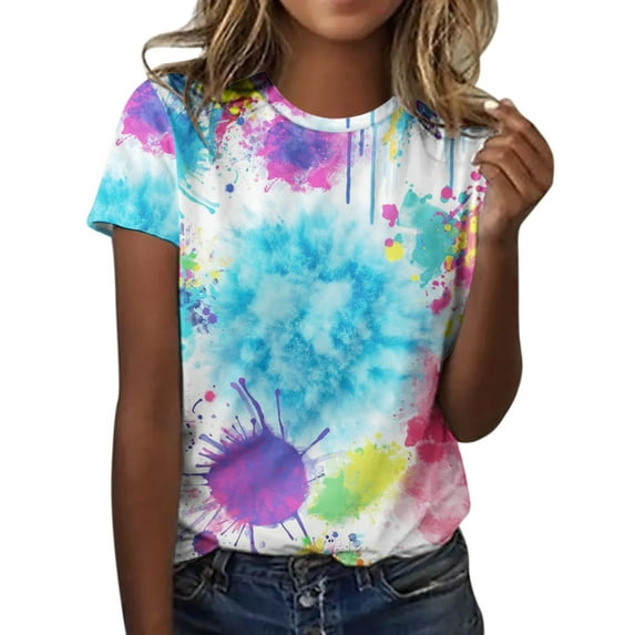 Fshinging Summer Tops Casual Printed Short Sleeve Crew Neck Summer Fashion Tie-Dye Print T Shirt