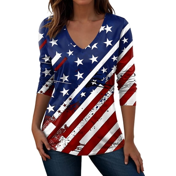 Fshinging Summer Tops for Women Patriotic Independence Day 3/4 Sleeve V Neck Layer Clothes Multicolour L
