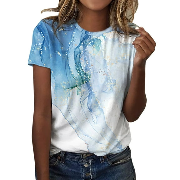 Fshinging Summer Women T-Shirts Color Block Gradient Short Sleeve Crew Neck Casual Summer Loose Sport Blouse