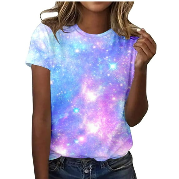 Fshinging Summer Women T-Shirts Summer Galaxy Print Plus Size Short Sleeve Round Neck Tees Top