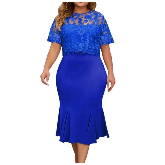 Fshinging For Women 2025 Plus Size Elegant Solid Color Contrast Lace Short Sleeve Round Neck Sun Dress