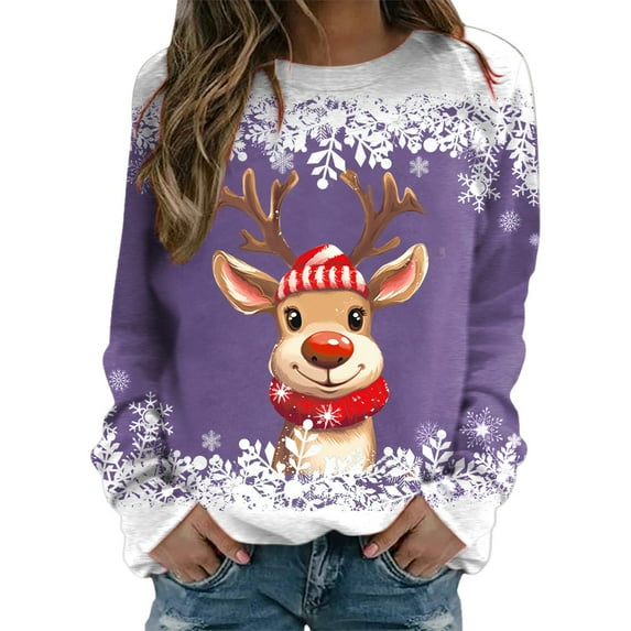 Fshinging Sweaters For Women Christmas Teen Girls Long Sleeve Crewneck Sweatshirt Cute Reindeer Graphic Xmas Shirts