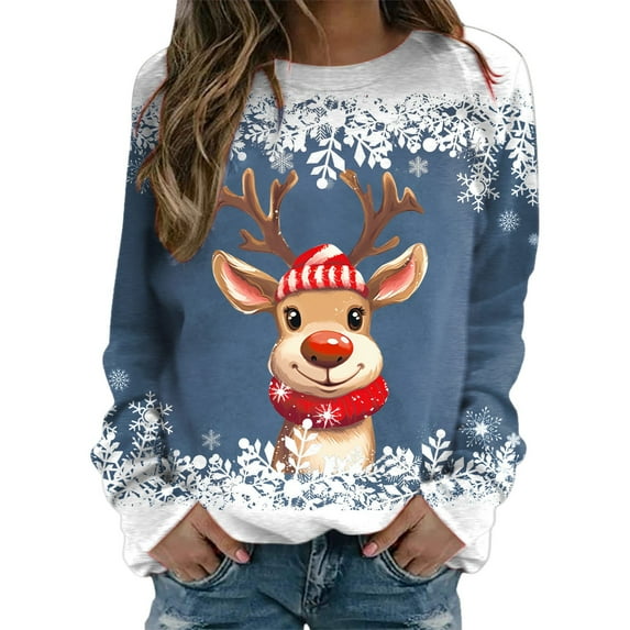 Fshinging Sweaters For Women Christmas Teen Girls Long Sleeve Crewneck Sweatshirt Cute Reindeer Graphic Xmas Shirts