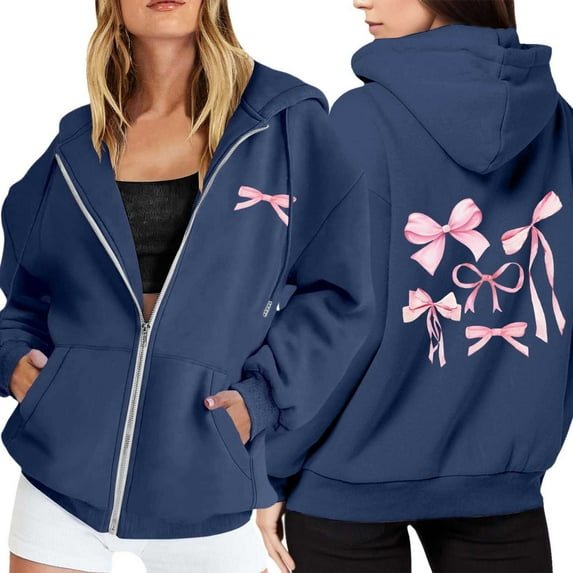 Fshinging Sweatshirt For Women Hoodie Tops Pink Bow Ribbon Print Long Sleeve Full Zipper Jackets Fall Clothes