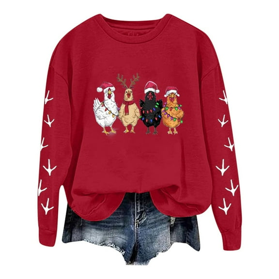 Fshinging Sweatshirt for Women Hoodie Christmas Chicken Printed Long Sleeve Crewneck Slim Trendy Clothes
