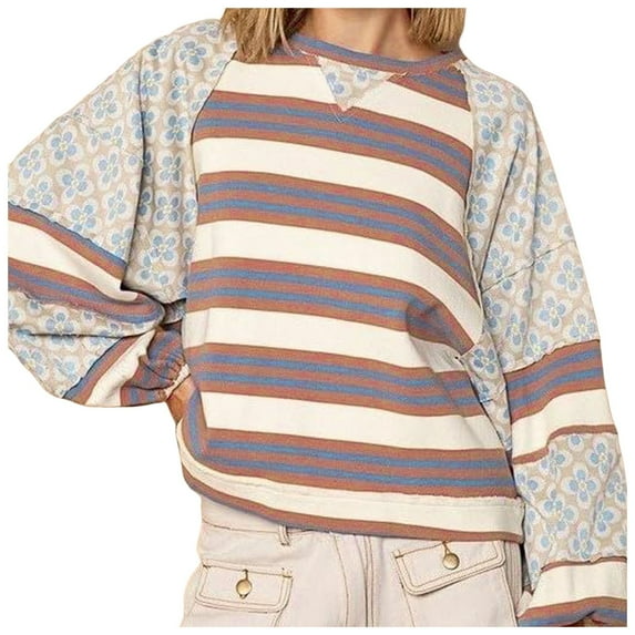 Fshinging Sweatshirt for Women Hoodie Floral Patchwork Stripe Print Long Sleeve Loose Fit Workout Clothes