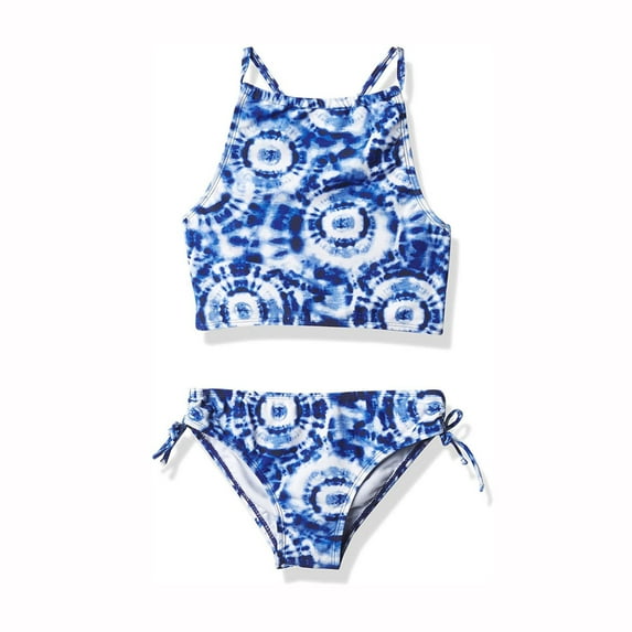 Fshinging Swim Suit For Girls Full Print Crop Tops+Lace Up High Waist Bottoms Sleeveless Bath Suits