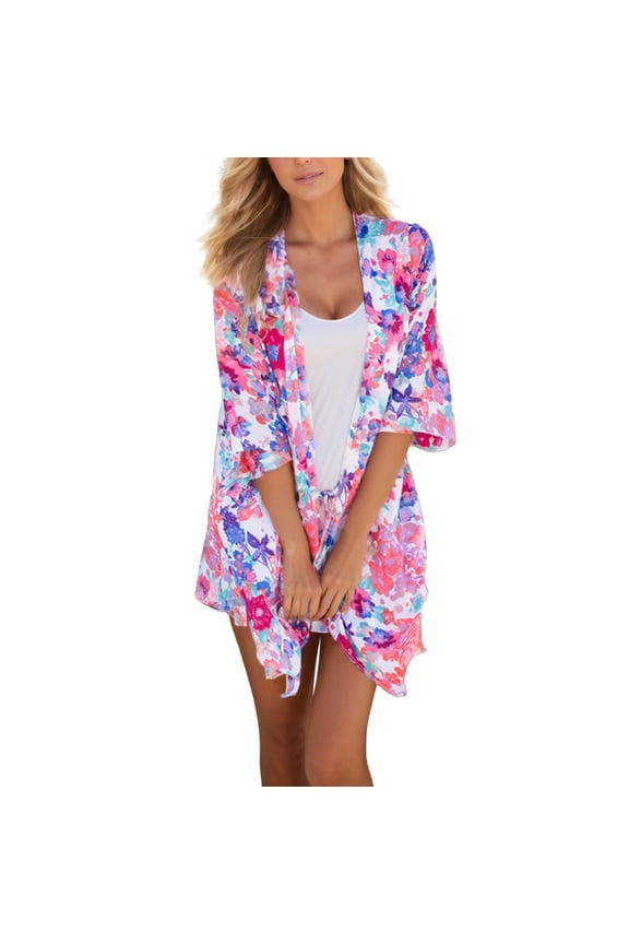 Swimsuit Coverup For Women Summer Long Flowy Kimono Cardigans Boho Chiffon Floral Beach Tops Swimwear Cover Ups