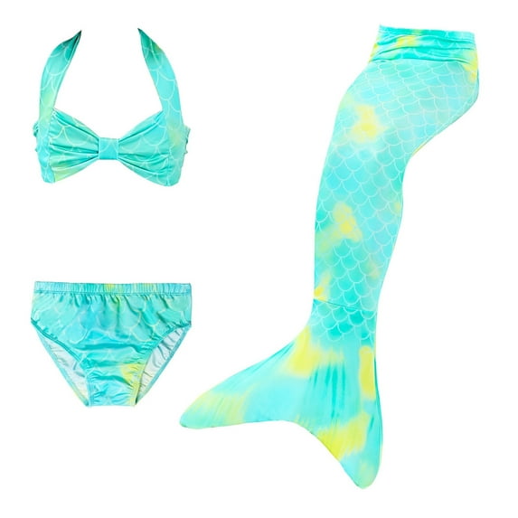 Fshinging Swimsuit For Girls 2025 Solid Ruffle Halter Bikini Tops + Briefs Gradient Tie-Dye Scale Fish Tails 3 Piece Set Tankini Sets