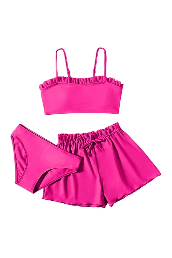 Swimsuits For Girls 2025 Solid Color Ruffle Hem Bikini Tops And Brief Shorts 3 Piece Set Swimming Pools Size 14-16 Years