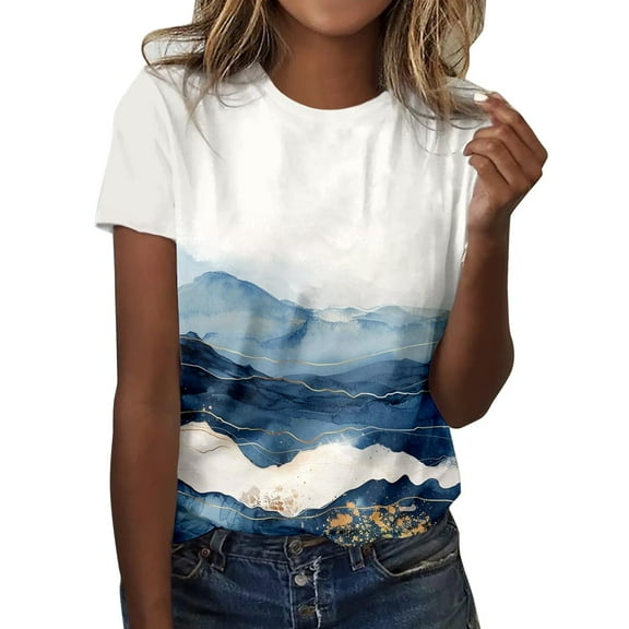 Fshinging T-Shirts For Women Color Block Print Casual Tunic Summer Short Sleeve Crew Neck T Shirt